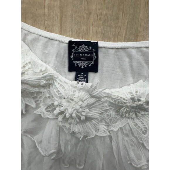 Le Marais Blouse Made In Italy Sz M White Lace Billowing Silk Lined Eloquent - Picture 2 of 6